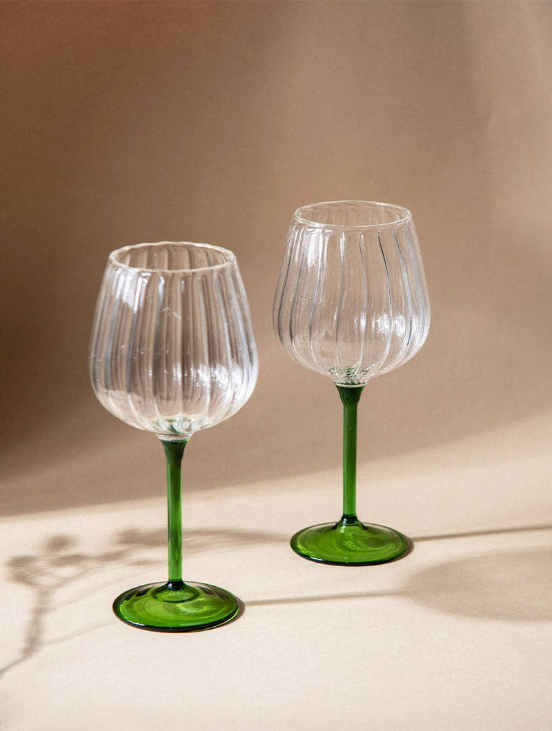 Green Ribbed Goblet Wine Glass